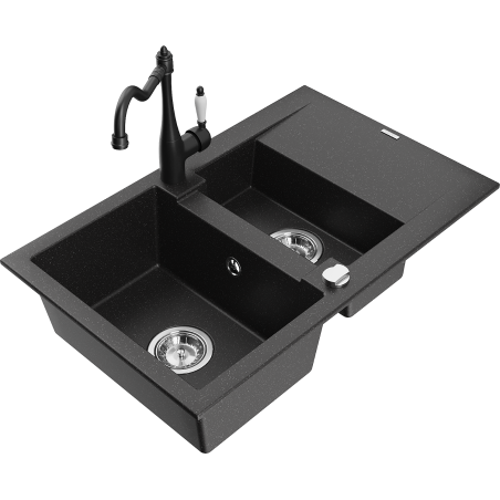 Mexen Gaspar granīta izlietne, 1,5 nodalījuma, ar noteces plati un virtuves jaucējkrānu Carla, melns/sudraba metālika