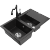 Mexen Gaspar granīta izlietne, 1,5 nodalījuma, ar noteces plati un virtuves jaucējkrānu Carla, melns/sudraba metālika