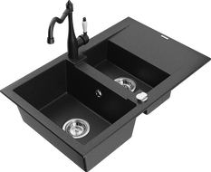 Mexen Gaspar granite sink 1.5-bowl with drainer and kitchen faucet Carla black/silver metallic - 6507-73-670700-70