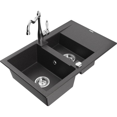 Mexen Gaspar 1.5-bowl granite sink with drainer and Carla kitchen tap, speckled black - 6507-76-670700-00