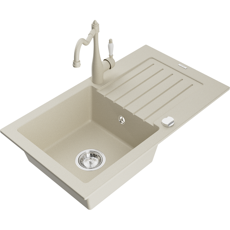 Mexen Pablo évier en granit à 1 bac avec égouttoir et robinet de cuisine Carla, beige - 6510-69-670700-69