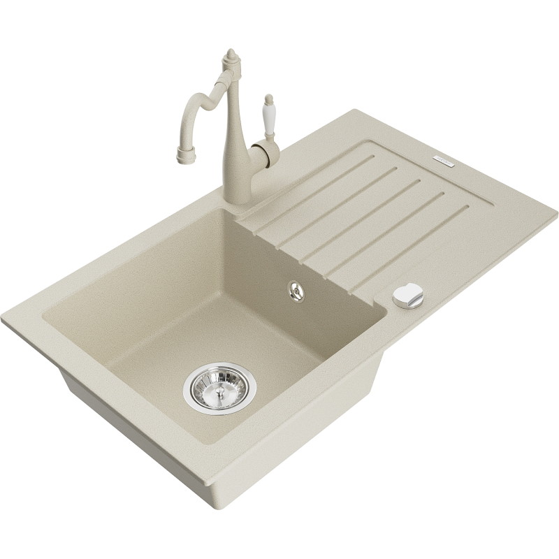 Mexen Pablo fregadero de granito de 1 seno con escurridor y grifo de cocina Carla, beige - 6510-69-670700-69