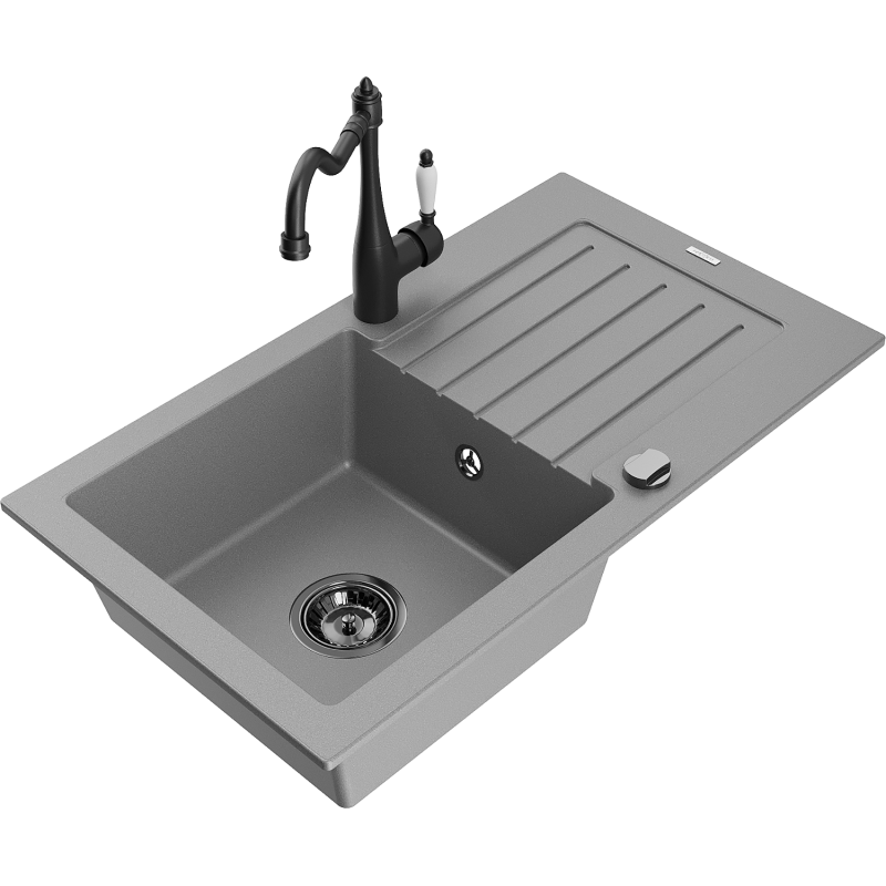 Mexen Pablo 1-bowl granite sink with drainer and Carla kitchen tap, grey - 6510-71-670700-70-B