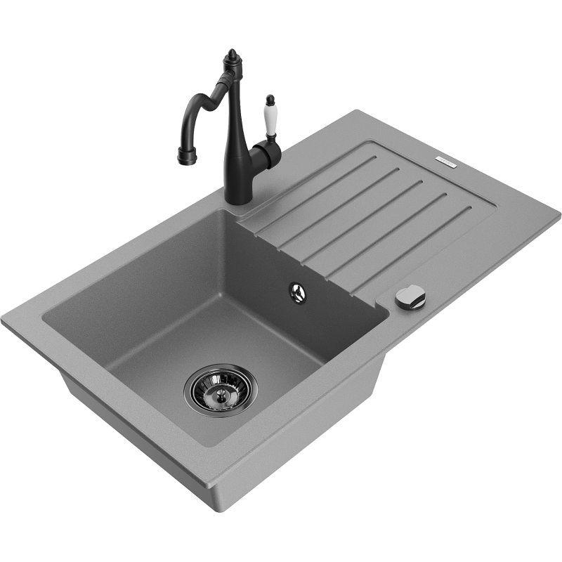 Mexen Pablo lava-loiça de granito 1-cuba com escorredor e torneira de cozinha Carla, cinzenta - 6510-71-670700-70-B