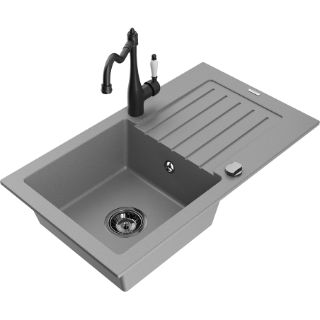 Mexen Pablo évier en granit 1 bac avec égouttoir et robinet de cuisine Carla, gris - 6510-71-670700-70-B