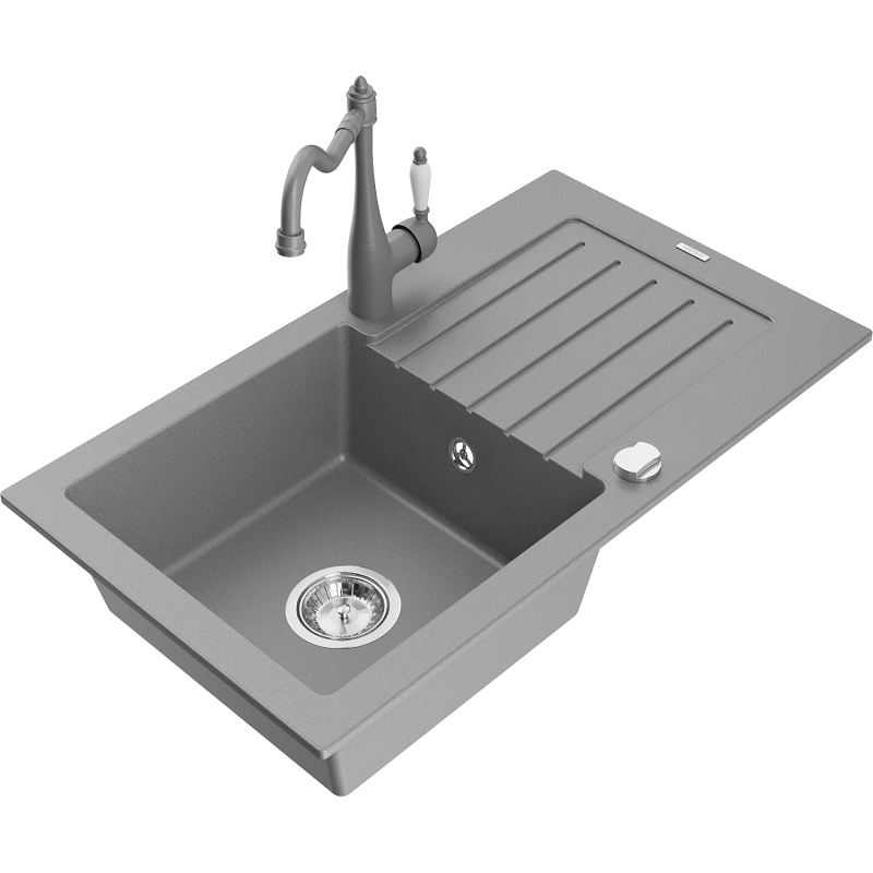 Mexen Pablo granitdiskbänk med en ho med avrinningsplatta och köksblandare Carla, grå - 6510-71-670700-71