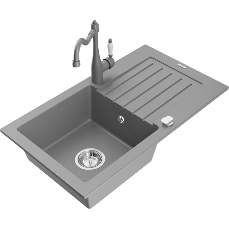 Mexen Pablo granite sink 1-bowl with drainer and Carla kitchen tap, grey - 6510-71-670700-71