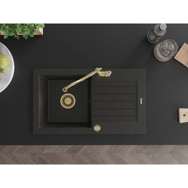 Mexen Pablo Granit Spullsteen mat enger Schoss mat enger Kichenkran Carla, schwaarz/goldege Metallic - 6510-75-670700-50