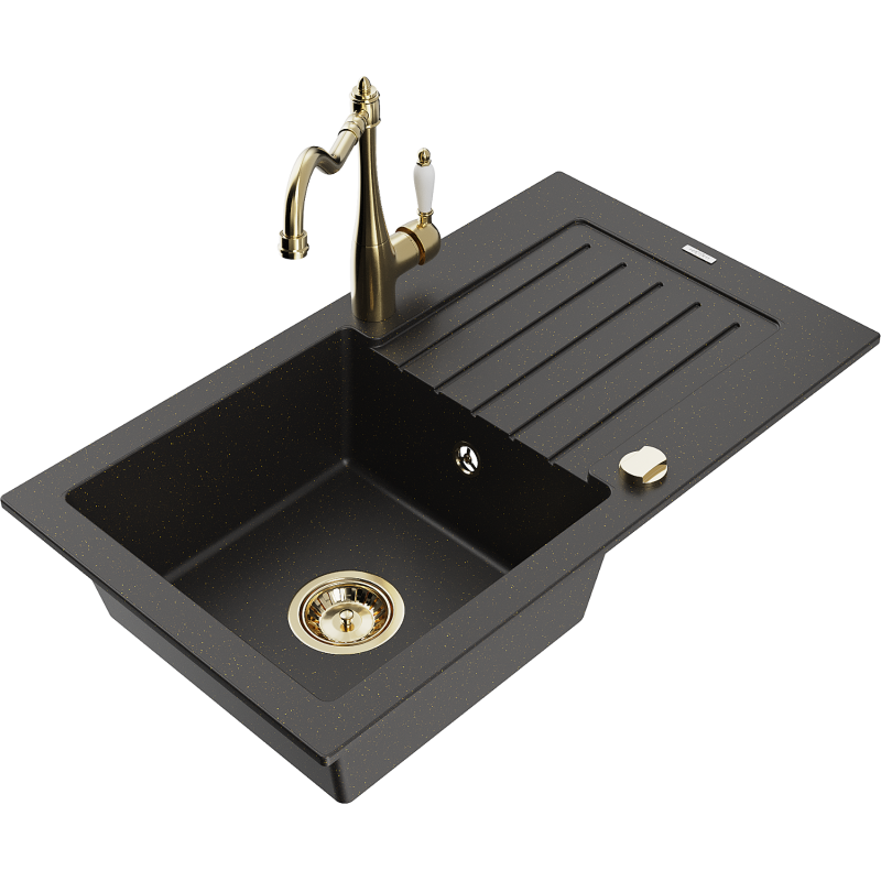 Mexen Pablo évier en granit 1 bac avec égouttoir et robinet de cuisine Carla, noir/or métallique - 6510-75-670700-50