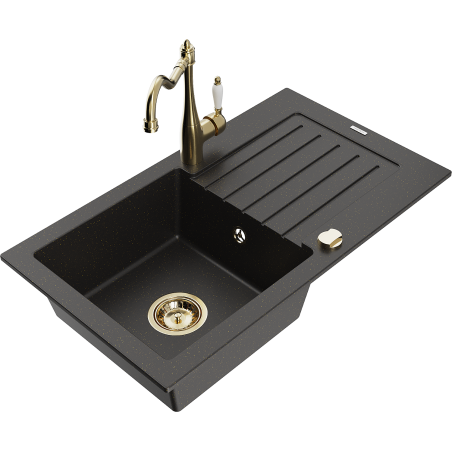 Mexen Pablo 1-bowl granite sink with drainer and kitchen faucet Carla, black/gold metallic - 6510-75-670700-50