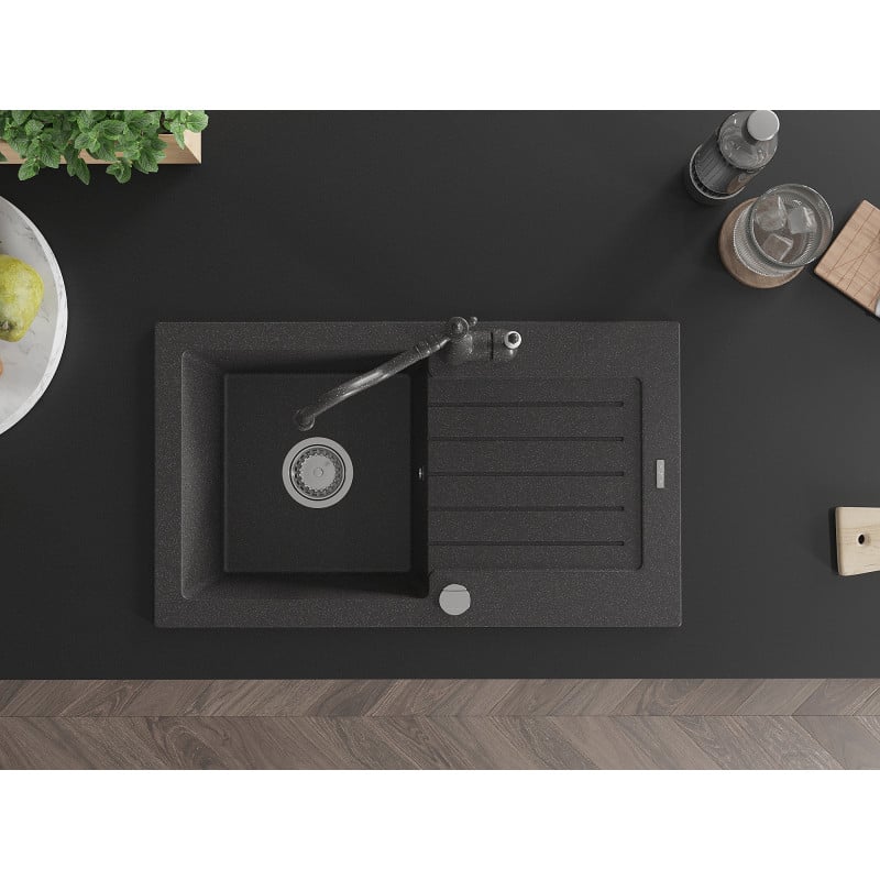 Mexen Pablo lava-louça de granito de 1 cuba com escorredor e torneira de cozinha Carla, preto salpicado - 6510-76-670700-76
