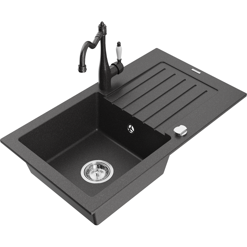 Mexen Pablo lava-louça de granito de 1 cuba com escorredor e torneira de cozinha Carla, preto salpicado - 6510-76-670700-76