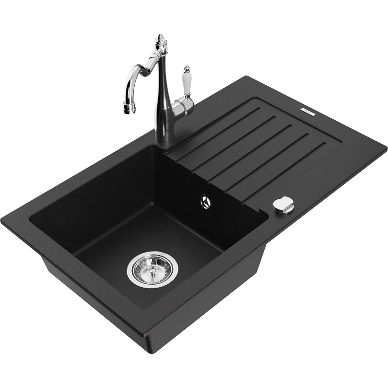 Mexen Pablo granite sink 1-bowl with drainer and Carla kitchen tap, black - 6510-77-670700-00
