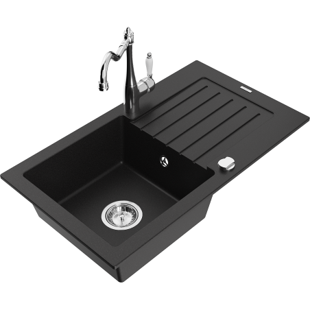 Mexen Pablo granite sink 1-bowl with drainer and Carla kitchen tap, black - 6510-77-670700-00
