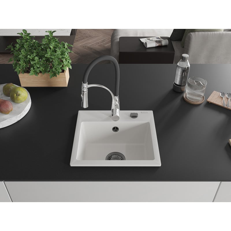 Mexen Milo granite kitchen sink 1-bowl with Aster kitchen tap, white - 6505-20-73450-07-B