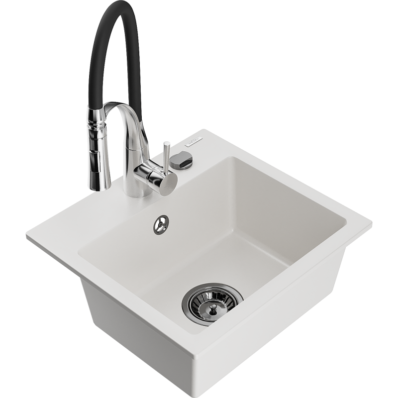 Mexen Milo fregadero de granito de 1 cubeta con grifo de cocina Aster, blanco - 6505-20-73450-07-B