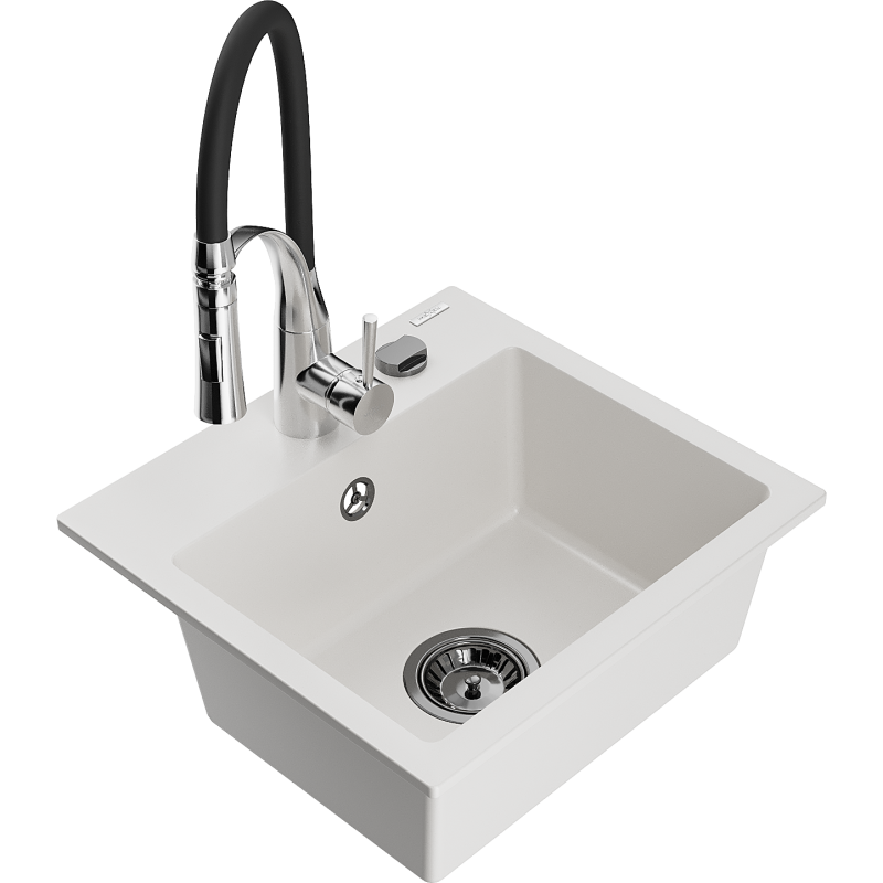 Mexen Milo granite kitchen sink 1-bowl with Aster kitchen tap, white - 6505-20-73450-07-B