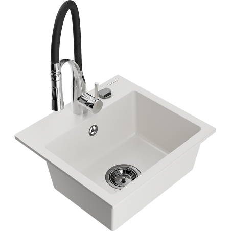 Mexen Milo granite kitchen sink 1-bowl with Aster kitchen tap, white - 6505-20-73450-07-B