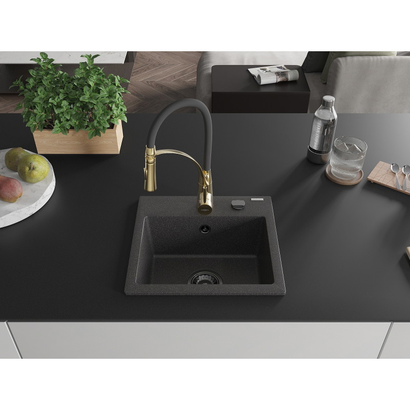 Mexen Milo granitische spoelbak 1-kamer met keukenkraan Aster, zwart gespikkeld - 6505-76-73450-57-B