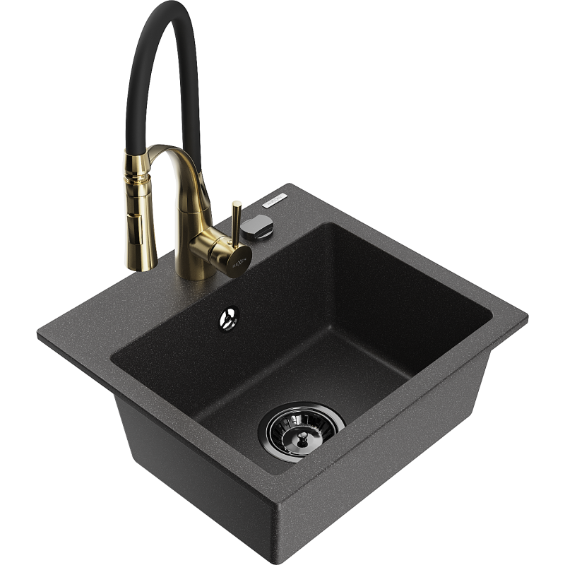 Mexen Milo lavello in granito a 1 vasca con rubinetto da cucina Aster, nero maculato - 6505-76-73450-57-B