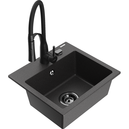 Mexen Milo fregadero de granito de 1 cuenco con grifo de cocina Aster, negro salpicado - 6505-76-73450-70-B