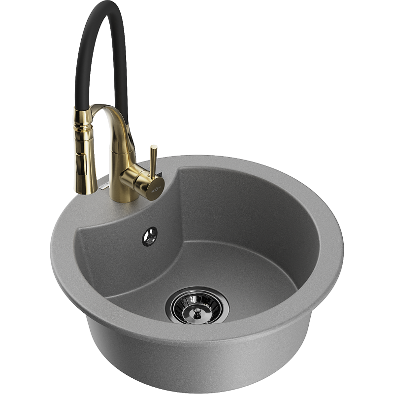 Mexen Diego 1-bowl granite sink with Aster kitchen tap, grey - 6512-71-73450-57-B