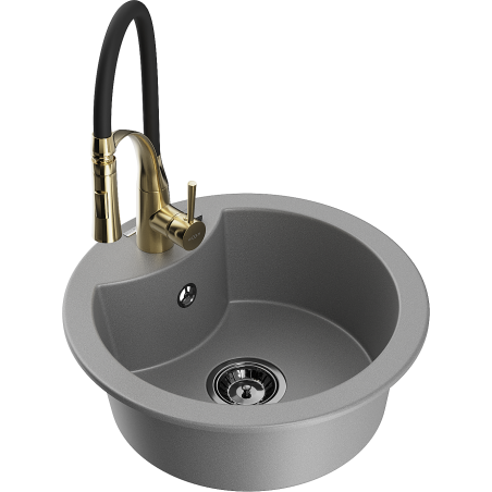 Mexen Diego 1-bowl granite sink with Aster kitchen tap, grey - 6512-71-73450-57-B
