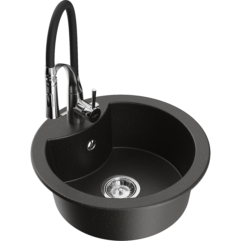 Mexen Diego granitdiskho 1-kammare med köksblandare Aster, svart/guld metallic - 6512-75-73450-70