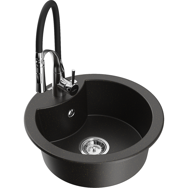 Mexen Diego lavello da cucina in granito a 1 vasca con miscelatore cucina Aster, nero/oro metallizzato - 6512-75-73450-70
