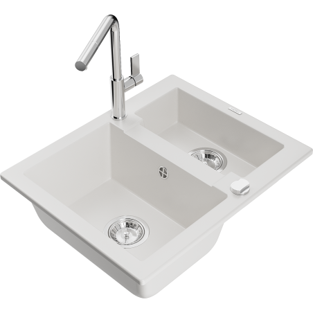 Mexen Carlos granite kitchen sink 1.5-bowl with Flora kitchen tap, white - 6518-20-670401-00