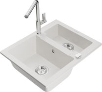 Mexen Carlos granite kitchen sink 1.5-bowl with Flora kitchen tap, white - 6518-20-670401-00