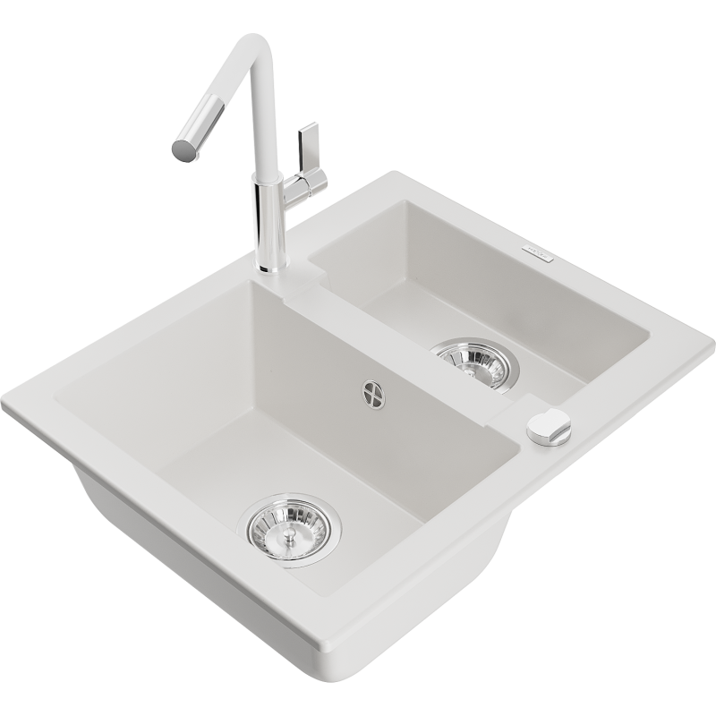 Mexen Carlos granitdiskbänk 1,5-fack med Flora köksblandare, vit - 6518-20-670401-02