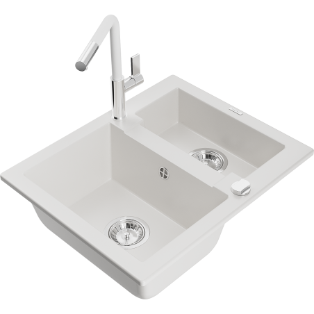 Mexen Carlos granite sink 1.5-bowl with Flora kitchen tap, white - 6518-20-670401-02
