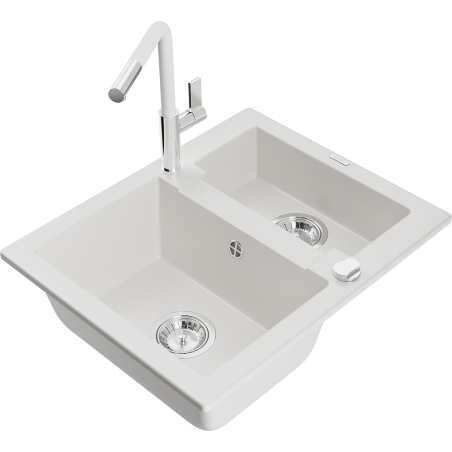 Mexen Carlos lava-loiça de granito de 1,5 bacias com torneira de cozinha Flora, branco - 6518-20-670401-02