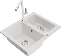 Mexen Carlos granite sink 1.5-bowl with Flora kitchen tap, white - 6518-20-670401-02
