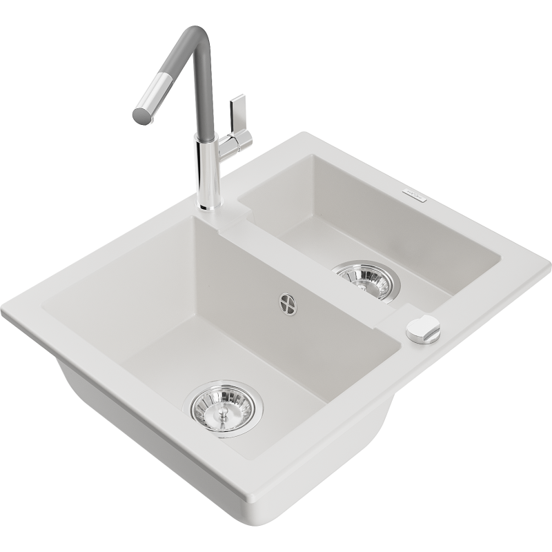 Mexen Carlos lava-loiça de granito 1,5-cuba com torneira de cozinha Flora, branco - 6518-20-670401-06