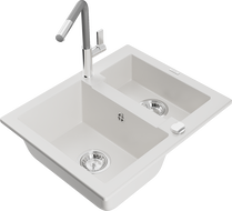 Mexen Carlos granite sink 1.5-bowl with Flora kitchen tap, white - 6518-20-670401-06