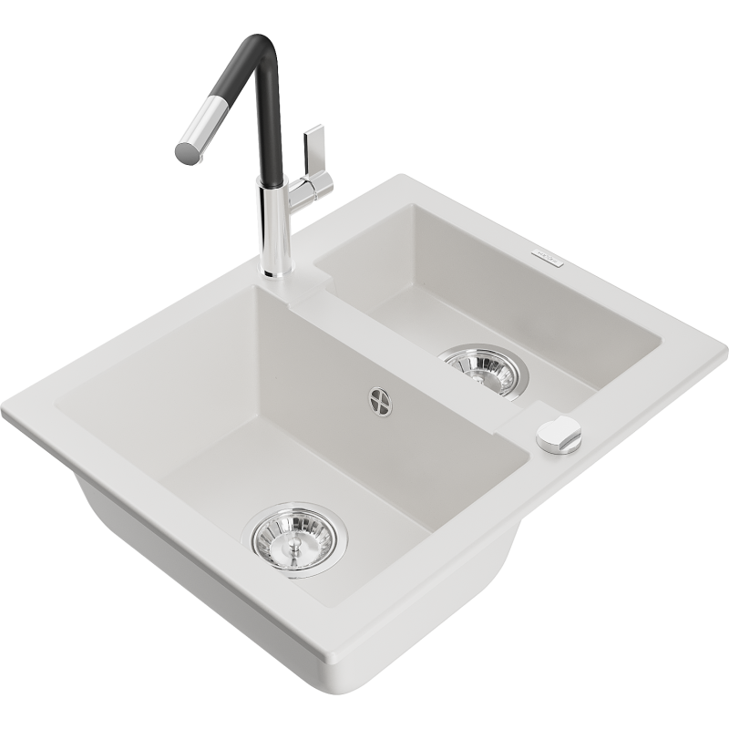 Mexen Carlos fregadero de granito de 1,5 tazones con grifo de cocina Flora, blanco - 6518-20-670401-07