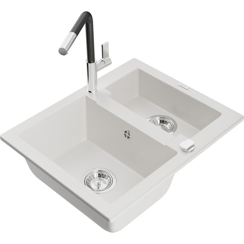 Mexen Carlos granieten spoelbak met 1,5 bakken en Flora keukenkraan, wit - 6518-20-670401-07