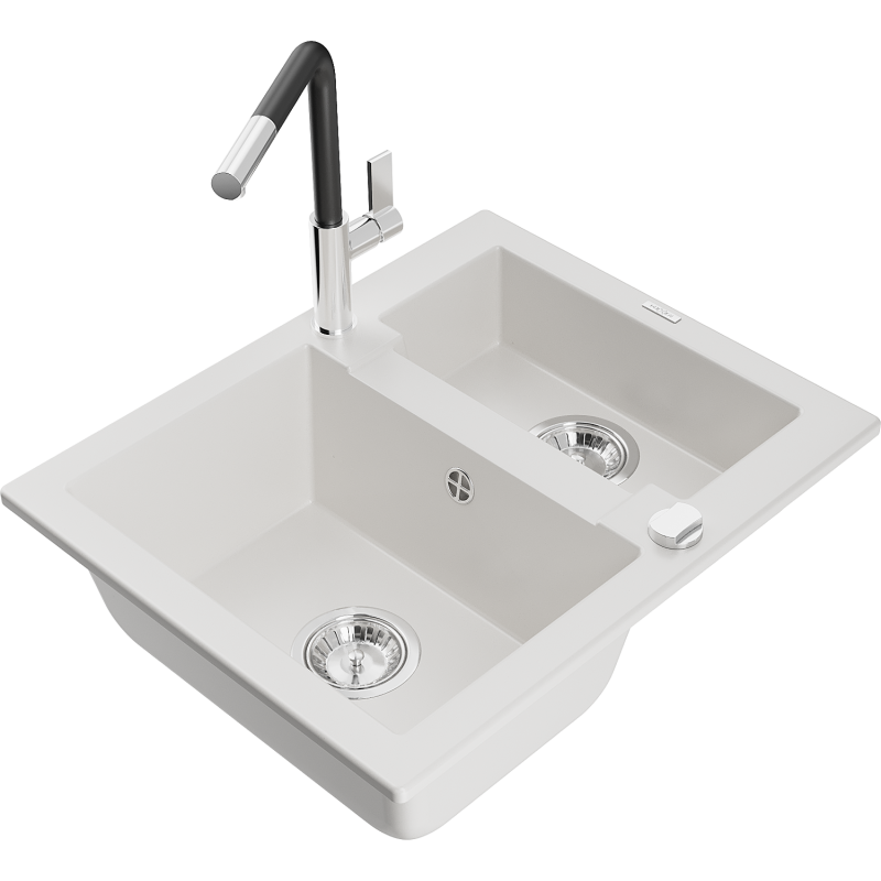 Mexen Carlos graniittinen 1,5-osainen keittiöallas Flora-keittiöhanalla, valkoinen - 6518-20-670401-07