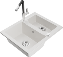 Mexen Carlos Granite Sink 1.5 Bowl with Flora Kitchen Tap, White - 6518-20-670401-07