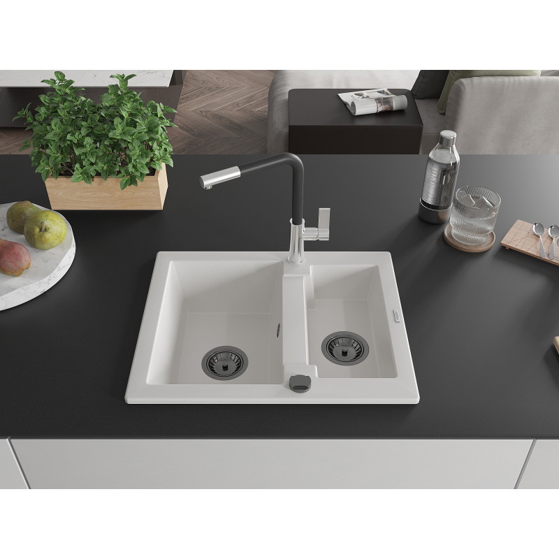 Mexen Carlos Granit gootsteen 1,5-komers met keukenkraan Flora, wit - 6518-20-670401-07-B