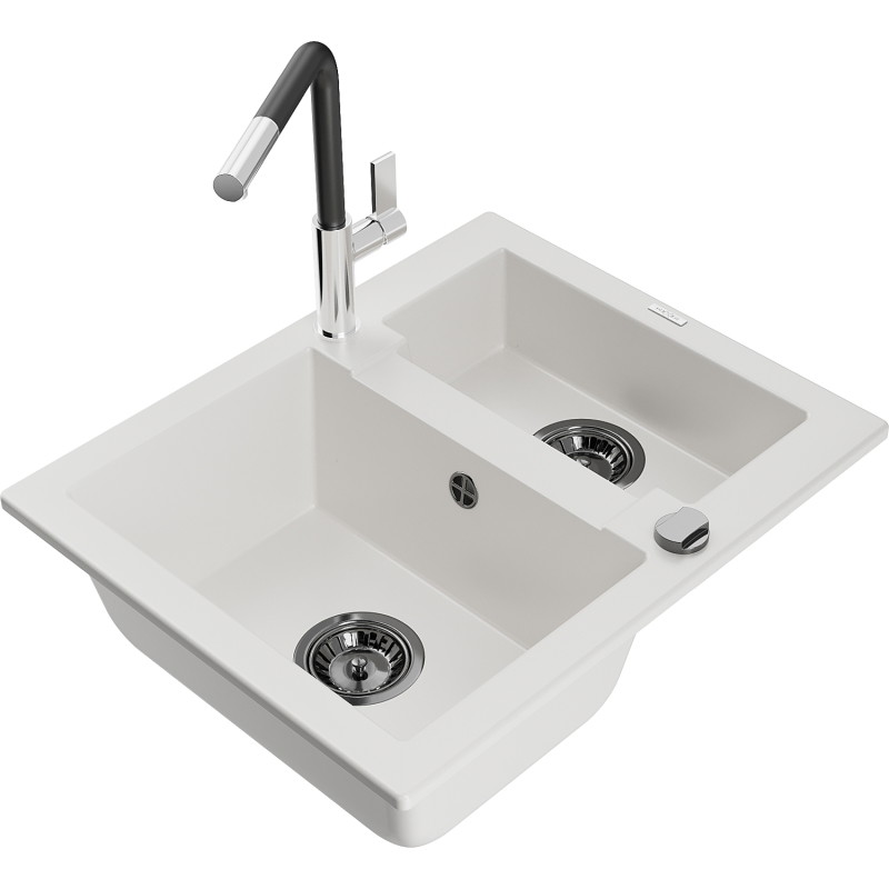 Mexen Carlos Granit gootsteen 1,5-komers met keukenkraan Flora, wit - 6518-20-670401-07-B