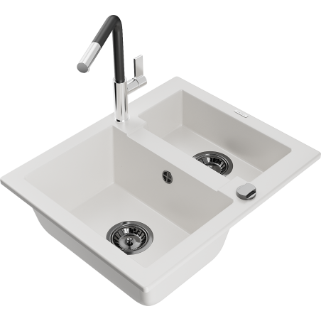 Mexen Carlos lava-loiça de granito de 1,5 cubas com torneira de cozinha Flora, branco - 6518-20-670401-07-B