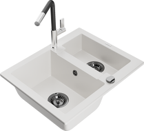 Mexen Carlos 1.5-bowl granite sink with Flora kitchen tap, white - 6518-20-670401-07-B