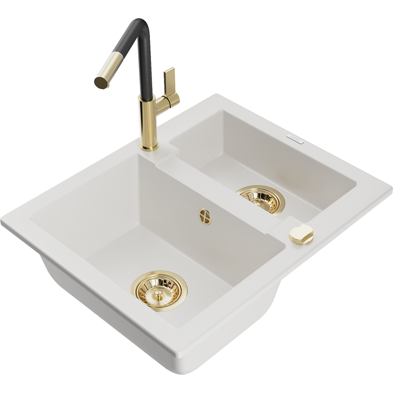 Mexen Carlos 1.5-bowl granite sink with Flora kitchen tap, white - 6518-20-670401-57-G