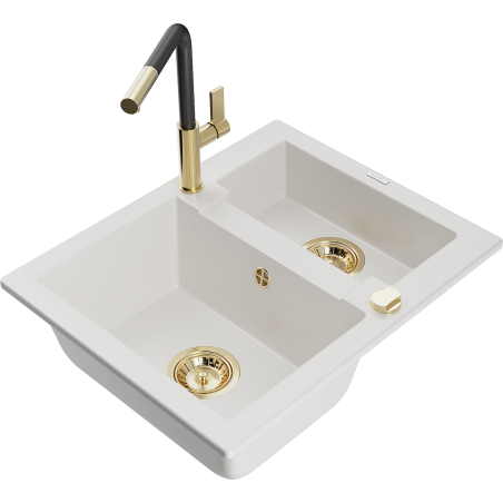 Mexen Carlos 1.5-bowl granite sink with Flora kitchen tap, white - 6518-20-670401-57-G