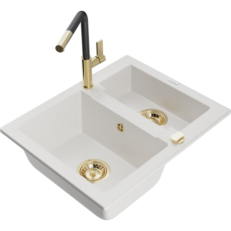 Mexen Carlos granitno pomivalno korito z 1,5 komoro in kuhinjsko armaturo Flora, belo - 6518-20-670401-57-G