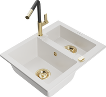Mexen Carlos 1.5-bowl granite sink with Flora kitchen tap, white - 6518-20-670401-57-G