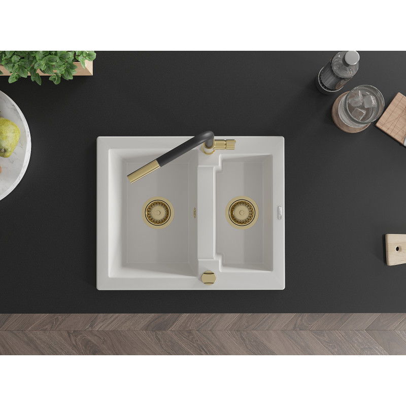 Mexen Carlos 1.5-bowl granite sink with Flora kitchen tap, white - 6518-20-670401-57-G